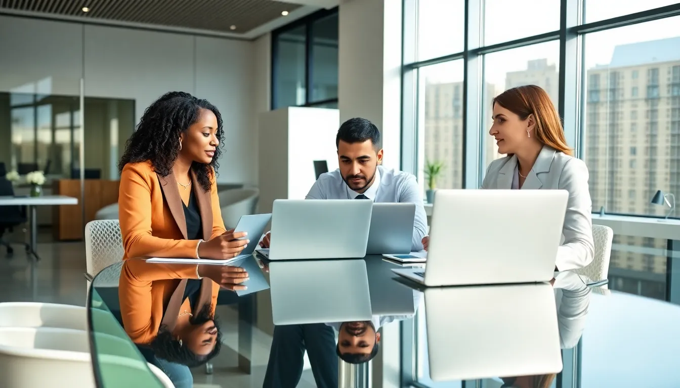 business professionals discussing toll-free services in a modern office.