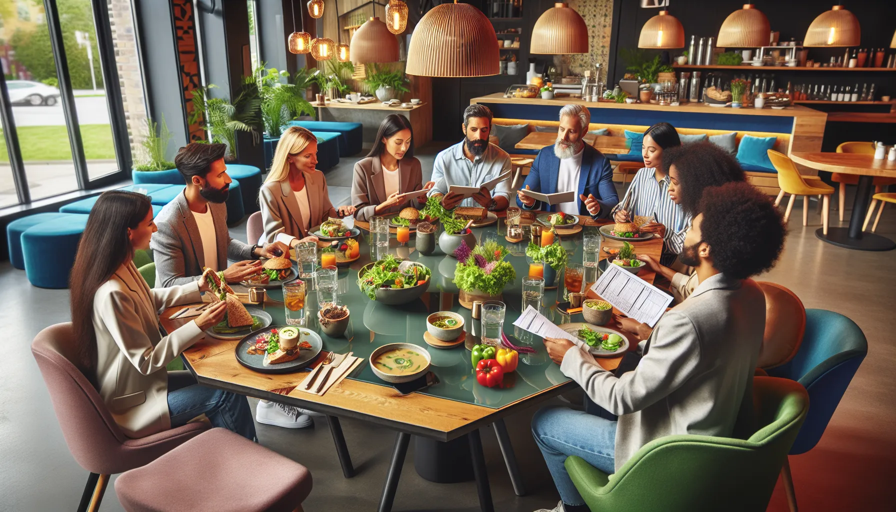people discussing healthy choices in a Potbelly restaurant.