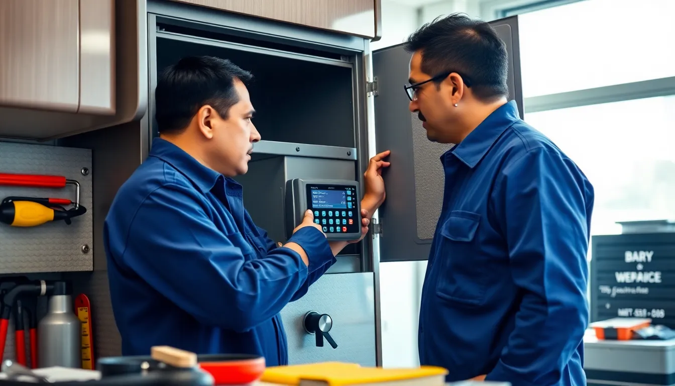RV technician diagnosing a furnace in a modern workshop.