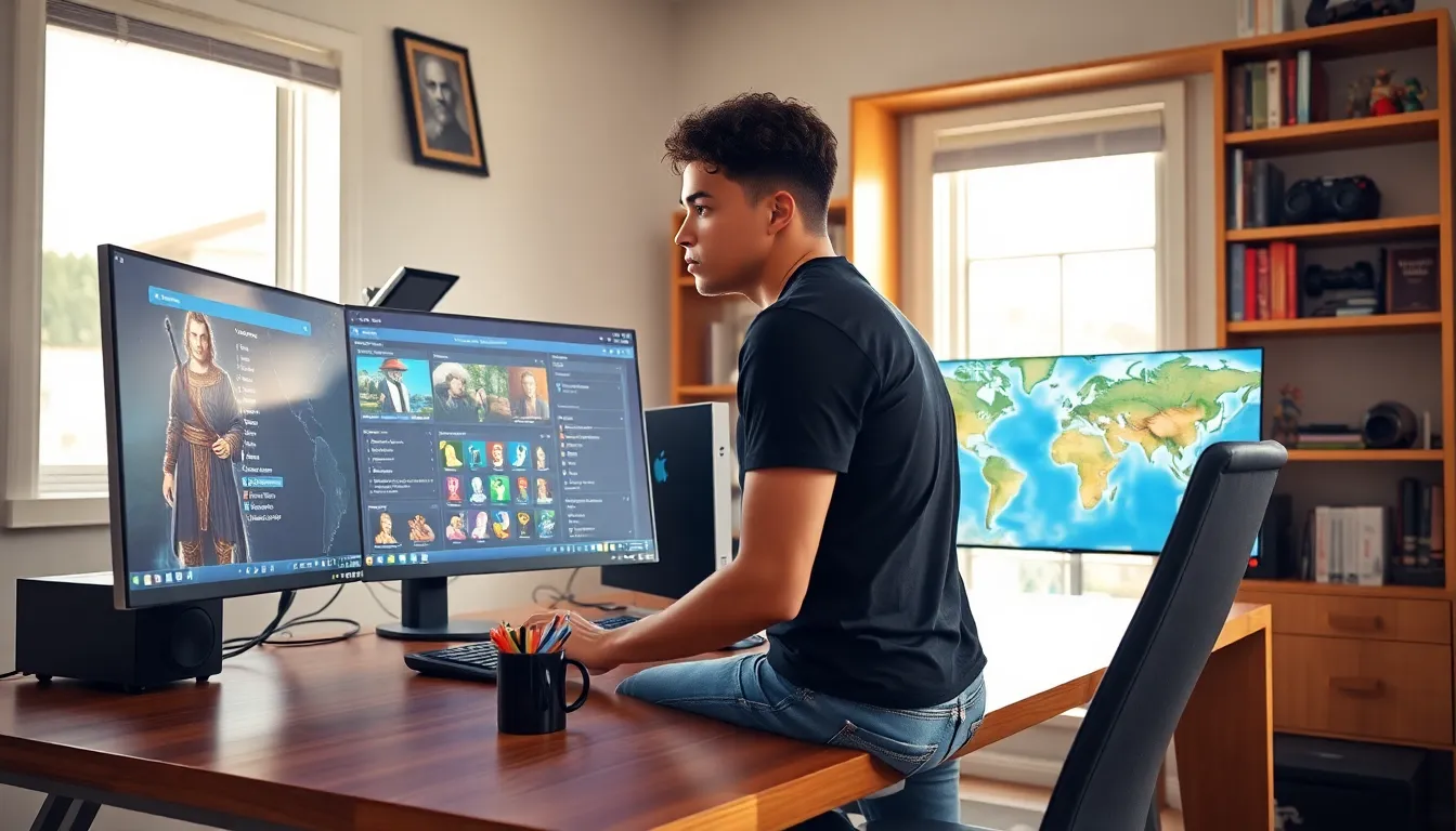 A young man working on a computer in a modern home office.