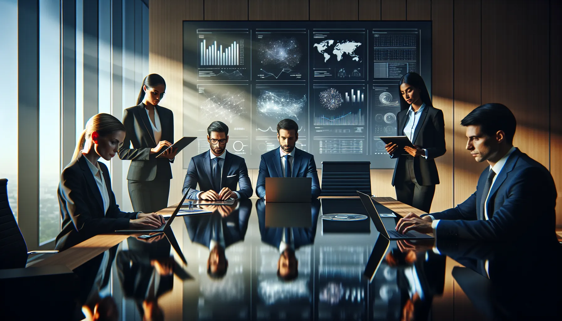 diverse professionals discussing numeric codes in a modern office.