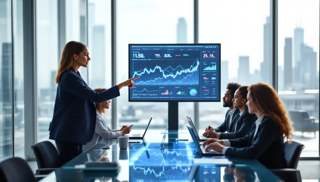 Diverse banking professionals analyzing AI-powered financial dashboards in modern operations center.