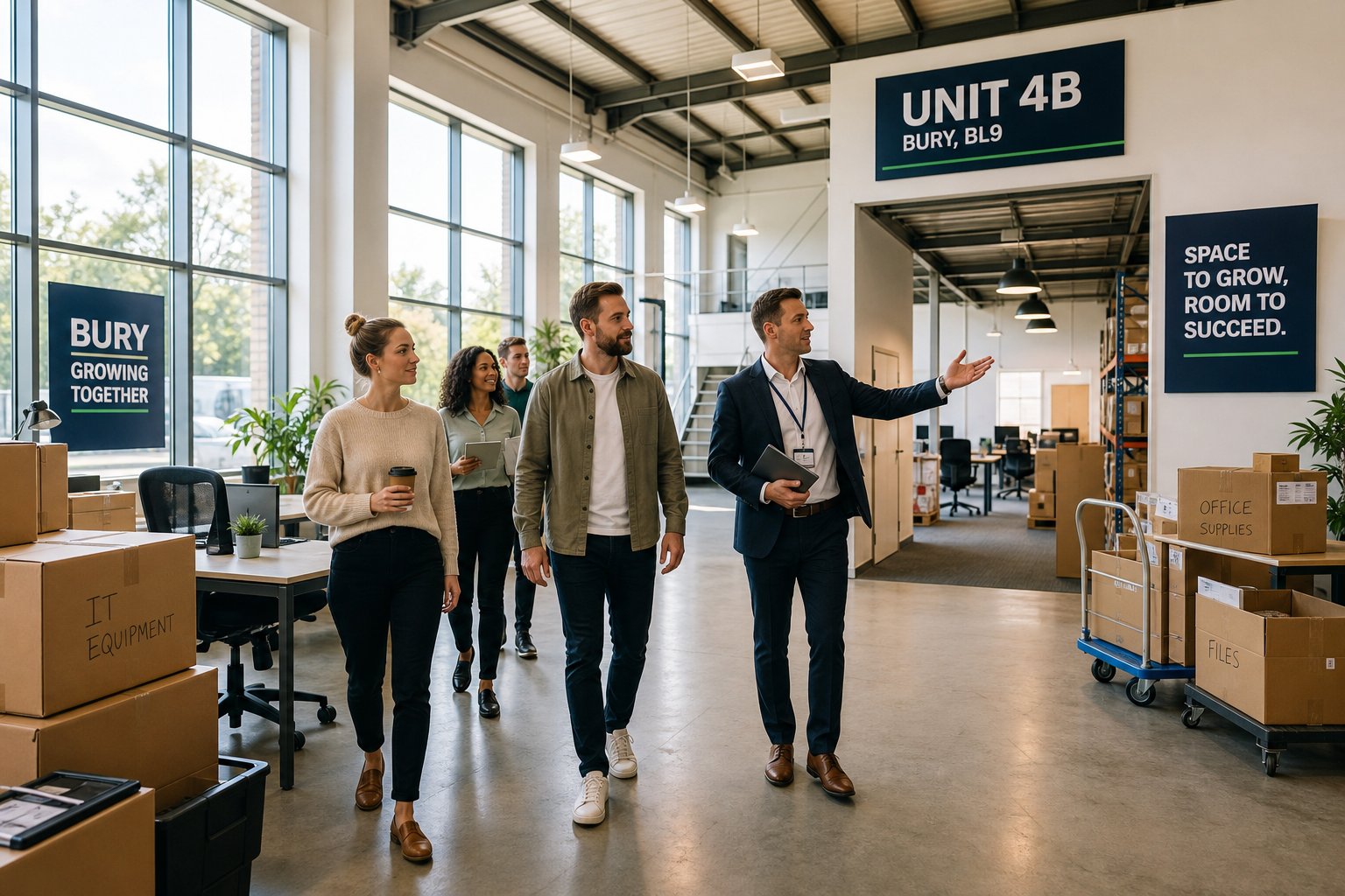Business team touring a larger commercial property in Bury during expansion or relocation.