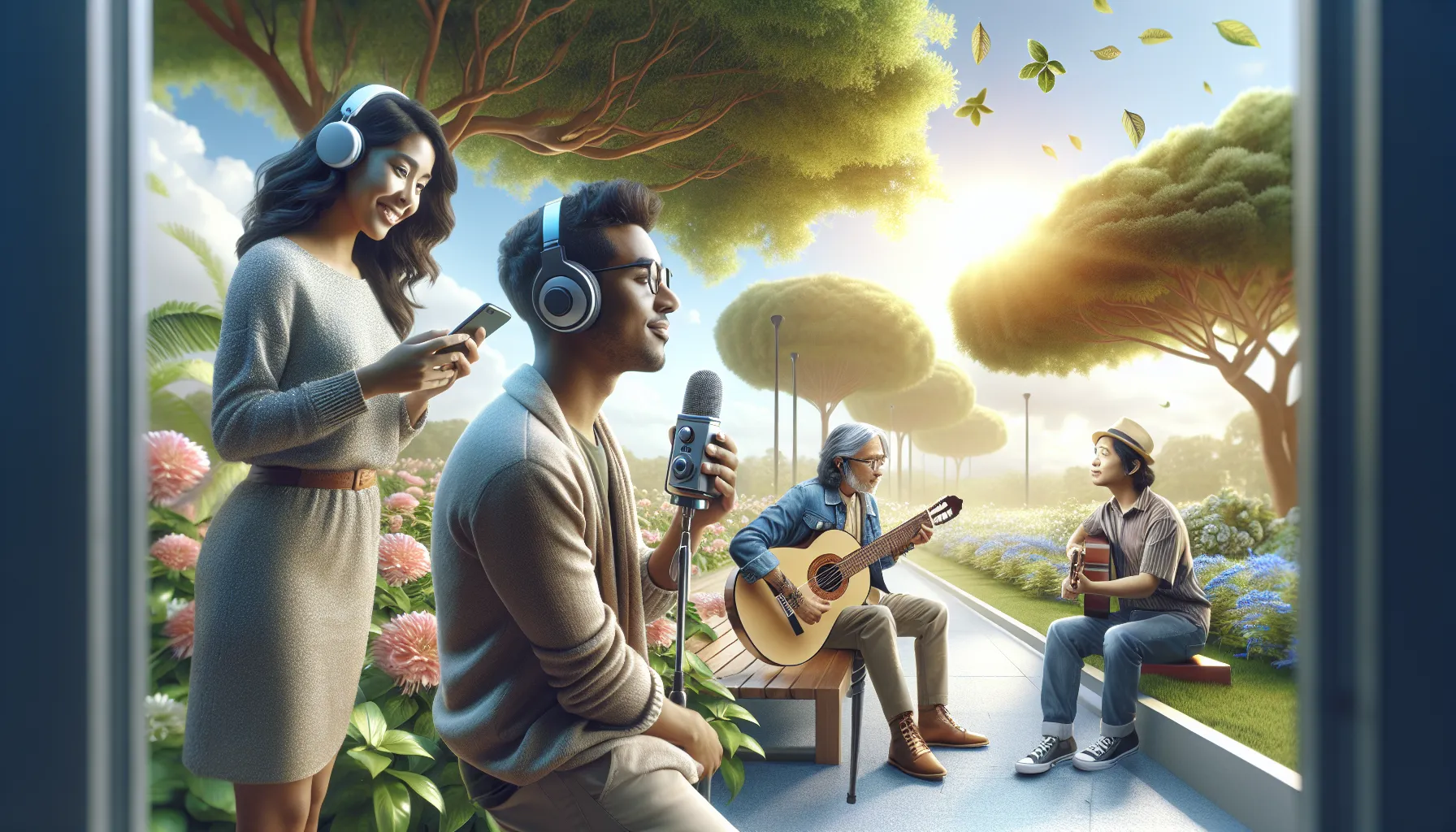 people recording sounds in a serene outdoor setting.