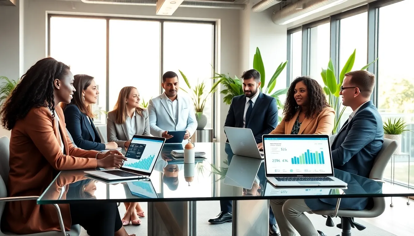 diverse team discussing renewable energy in a modern office.