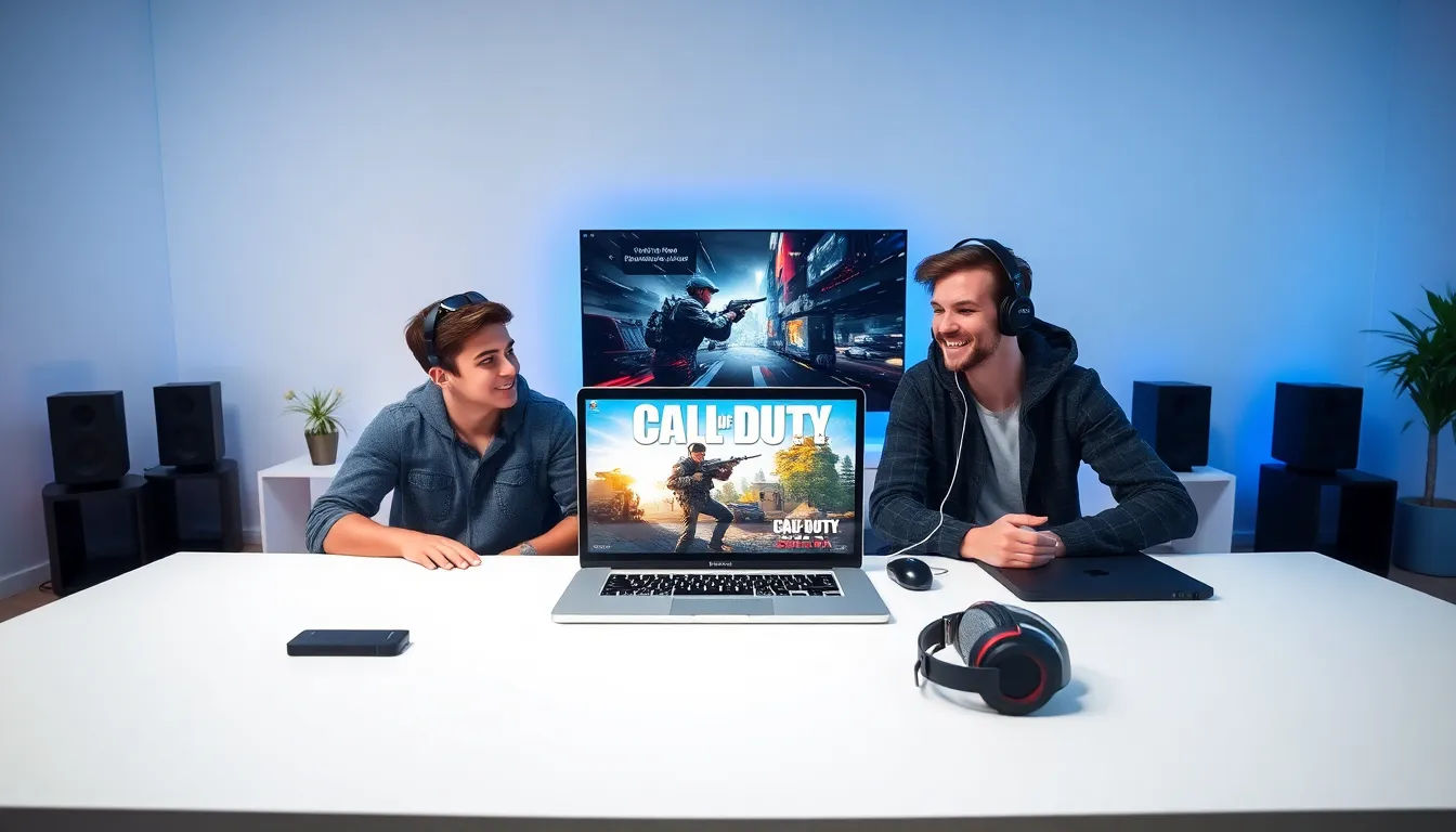 gamers at a modern desk with Call of Duty on a Macbook.