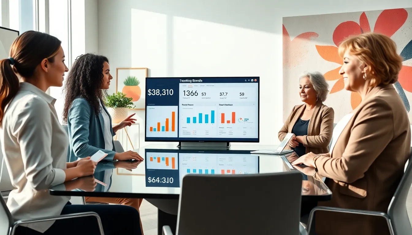 diverse team discussing trending brands in a modern office.