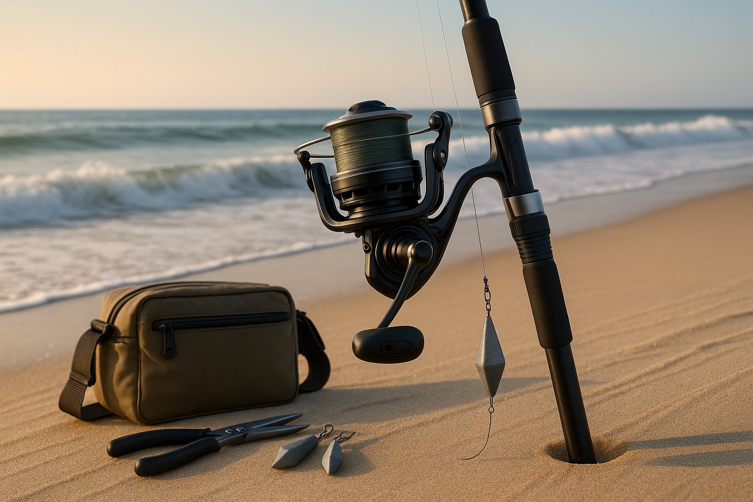 Surf fishing reel setup on a sandy beach near breaking waves.