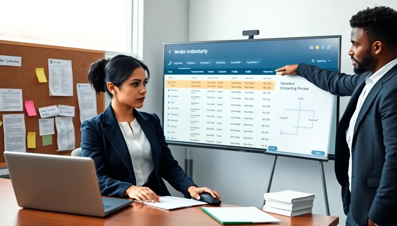 Professional reviewing a digital vendor directory on a large office monitor.