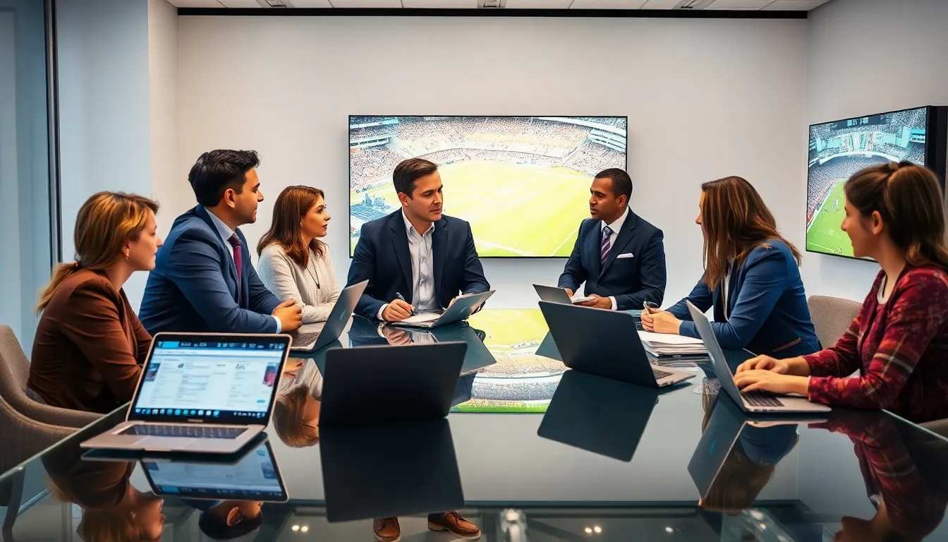 David Jones discussing sports journalism with colleagues in a modern office.