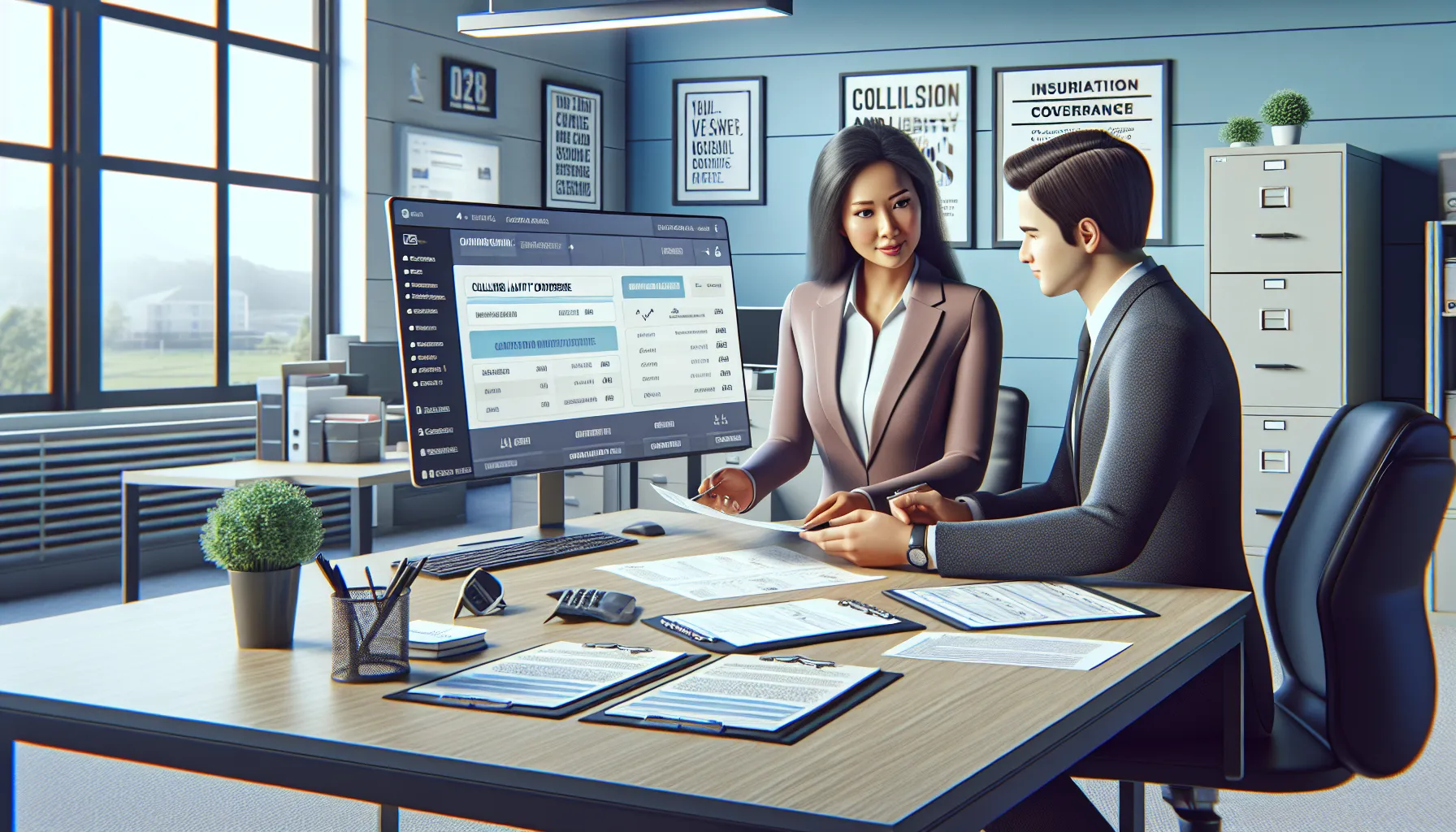 An insurance advisor discussing coverage options with a client in an office setting.