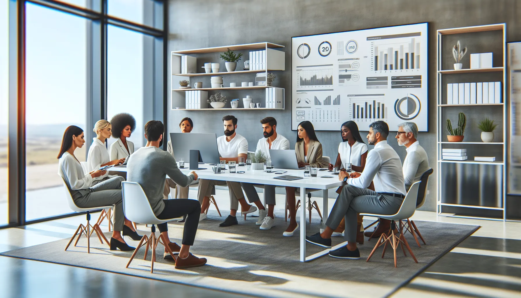 professionals discussing drug testing data in a modern office.