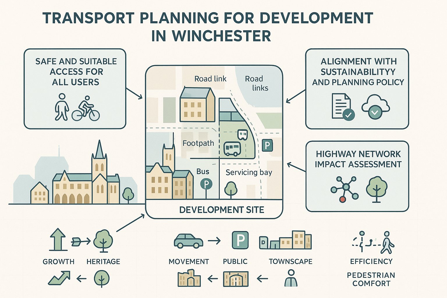 Infographic showing how transport planning shapes development decisions in Winchester.