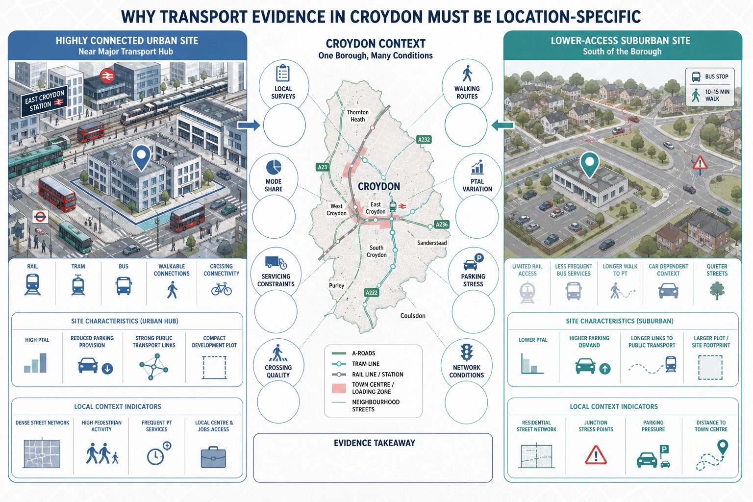 Croydon transport infographic comparing urban and suburban development access conditions.