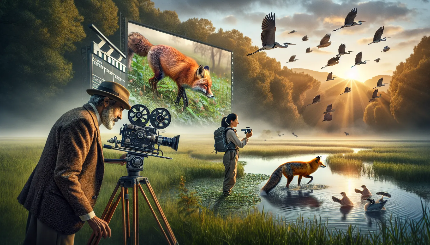 Italian filmmakers capturing wildlife with old and modern cameras in nature.