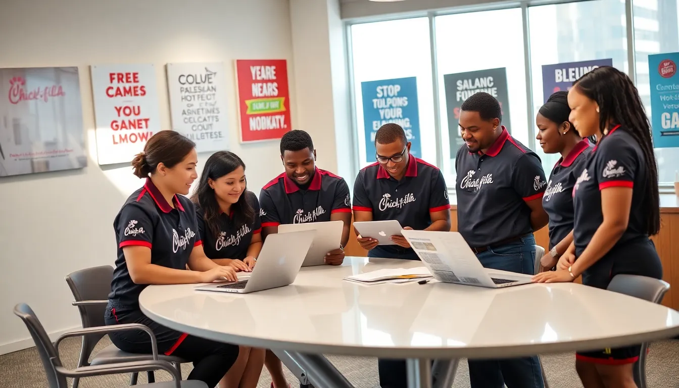 Chick-fil-A employees discussing college education benefits.