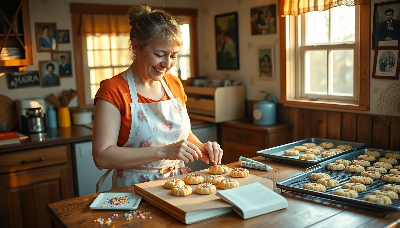 Mary baking cookies in a warm, sunlit kitchen filled with nostalgia.