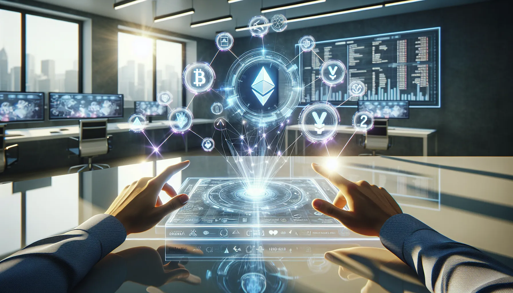 Trader interacting with holographic synthetic asset tokens above a modern office desk.