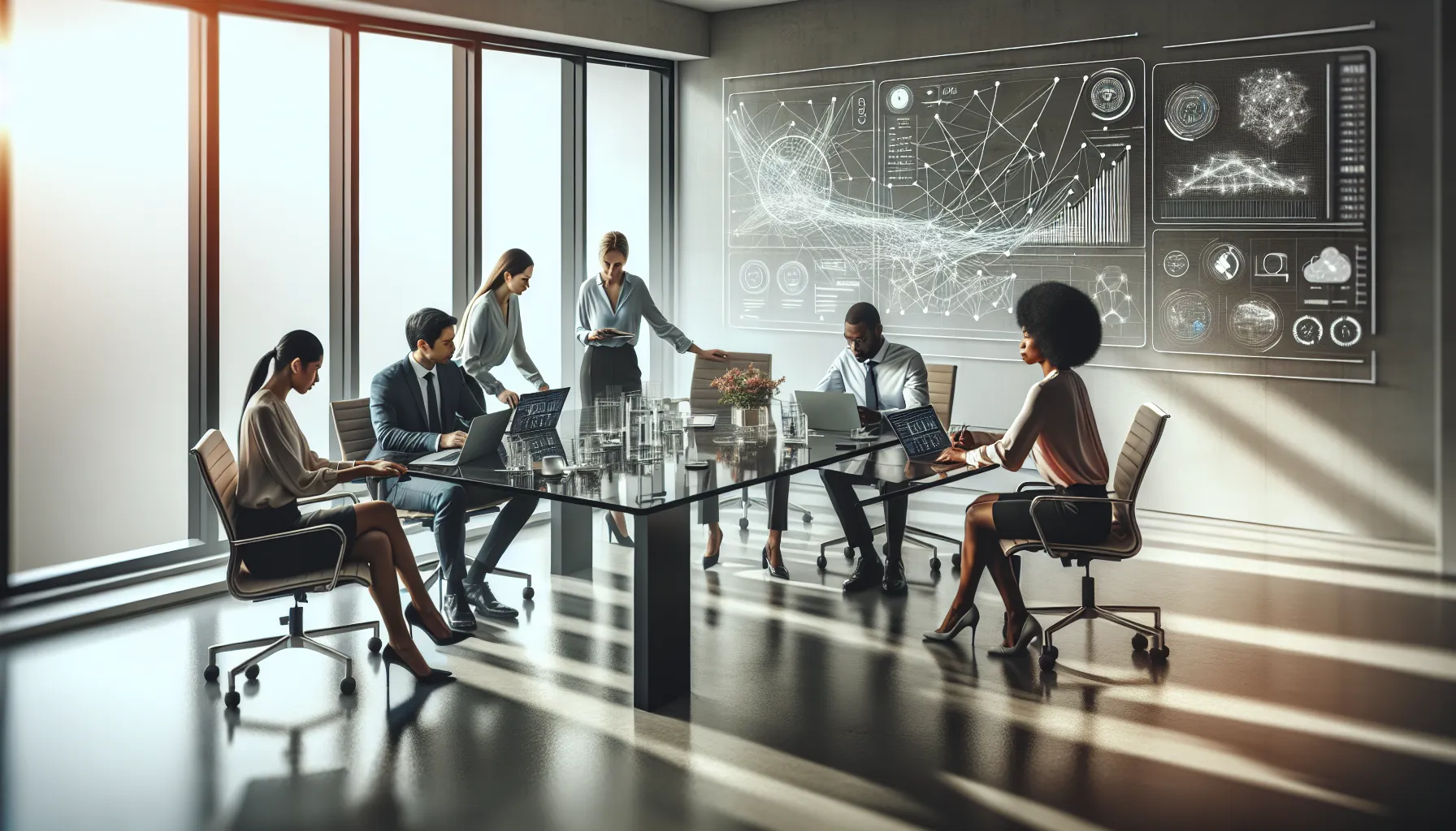 diverse team collaborating in a modern office around digital devices.