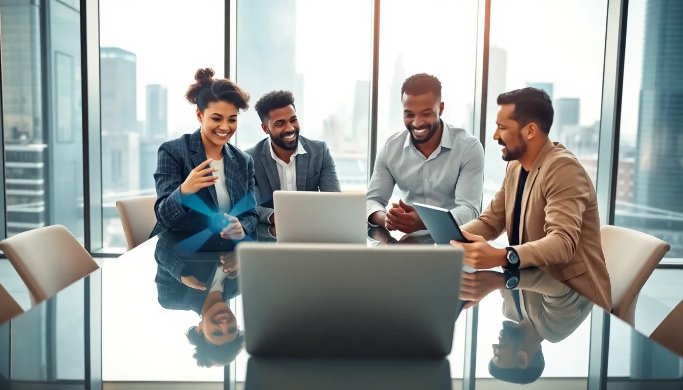 diverse team collaborating in a modern tech office setting.