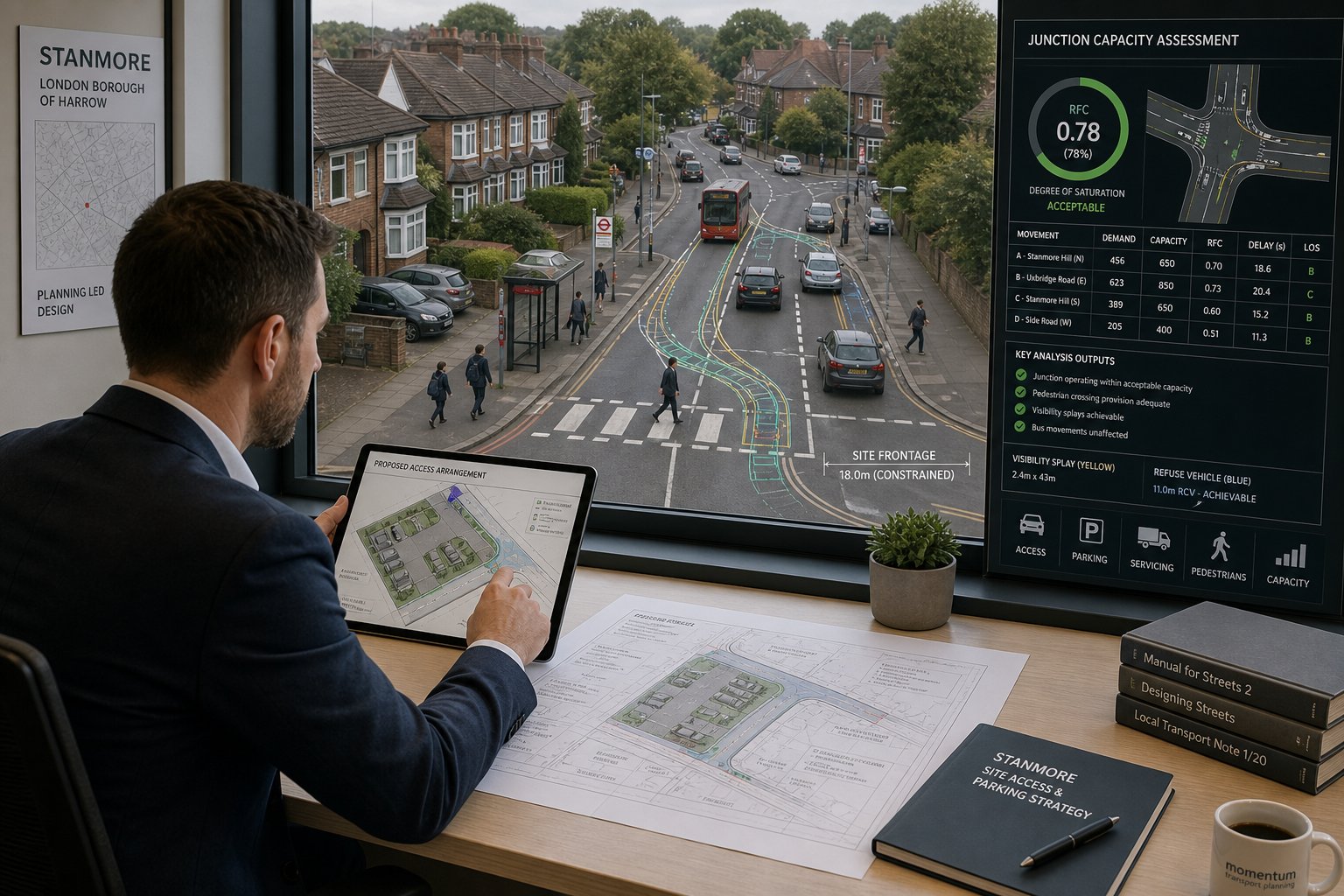 Traffic engineer reviewing Stanmore site access and parking layout.