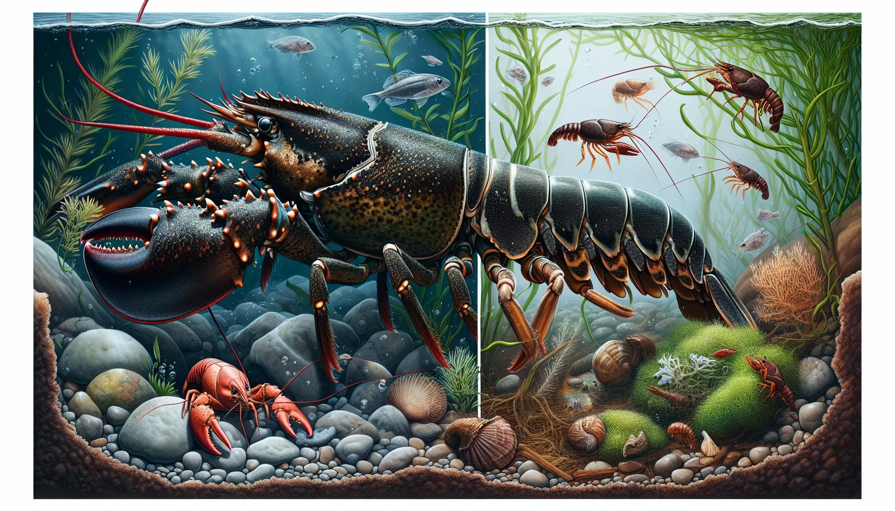 A lobster and a crayfish depicted in their respective habitats.