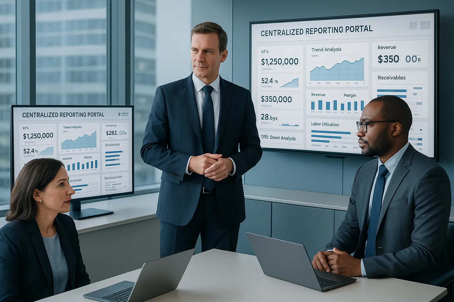 Business team reviewing unified dashboards in a centralized reporting portal.