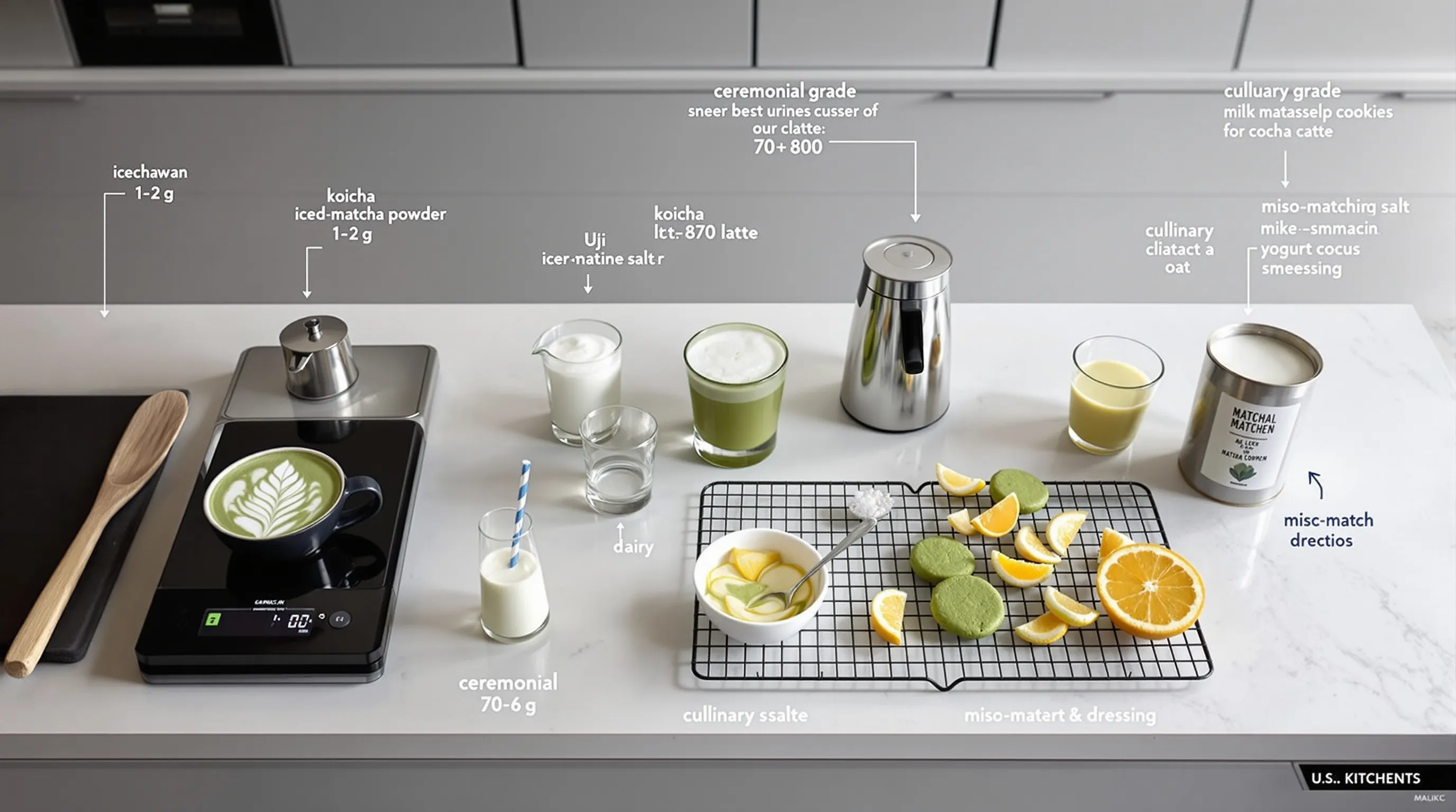Modern kitchen displaying ceremonial, latte, and culinary uses of matcha.