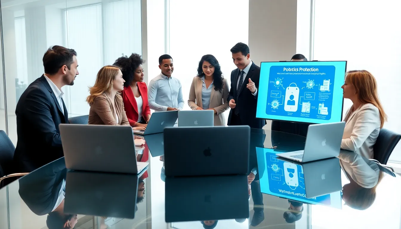 professionals discussing virus protection for Apple products in a modern office.