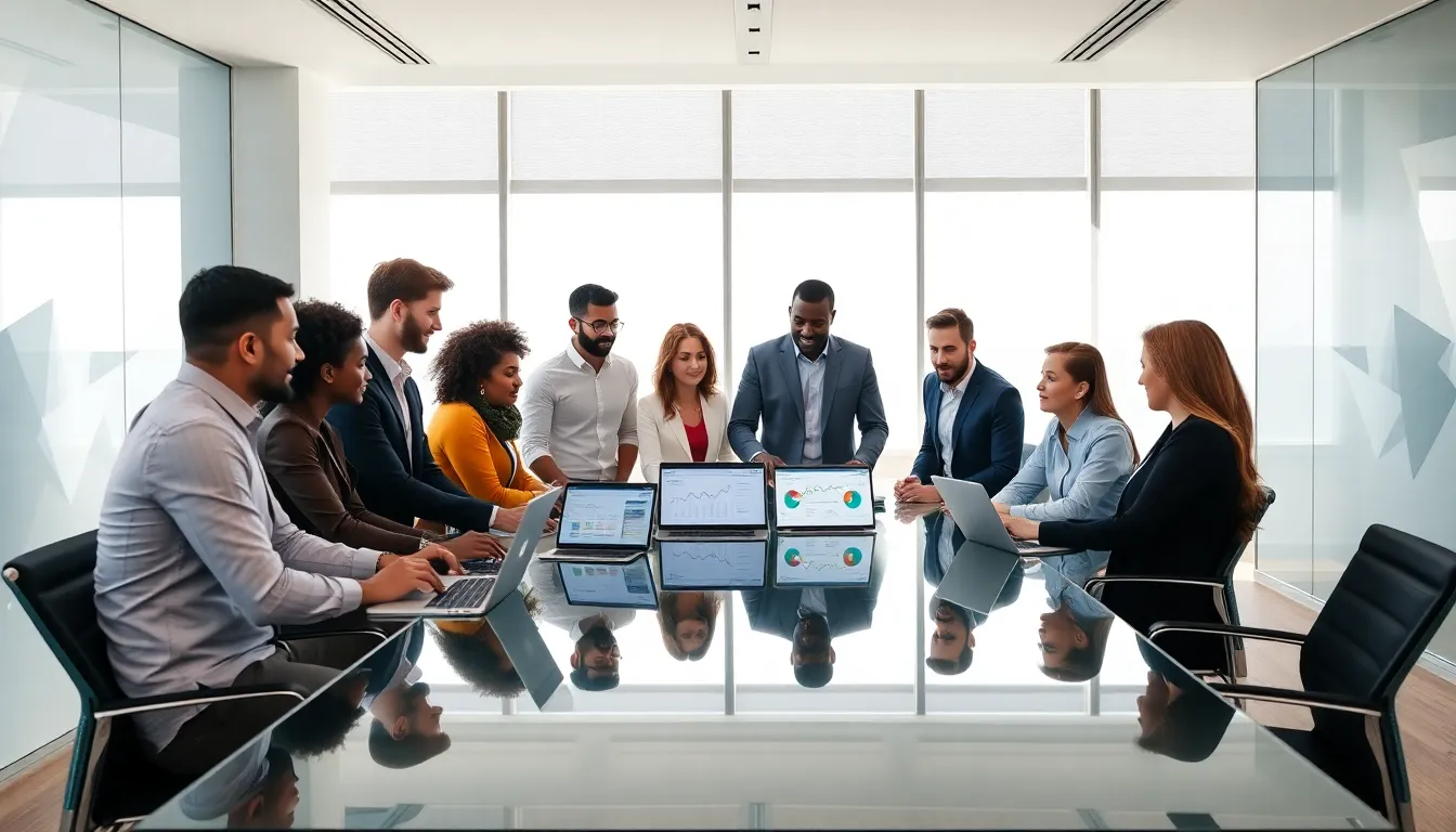 diverse team strategizing in a modern office for digital marketing.