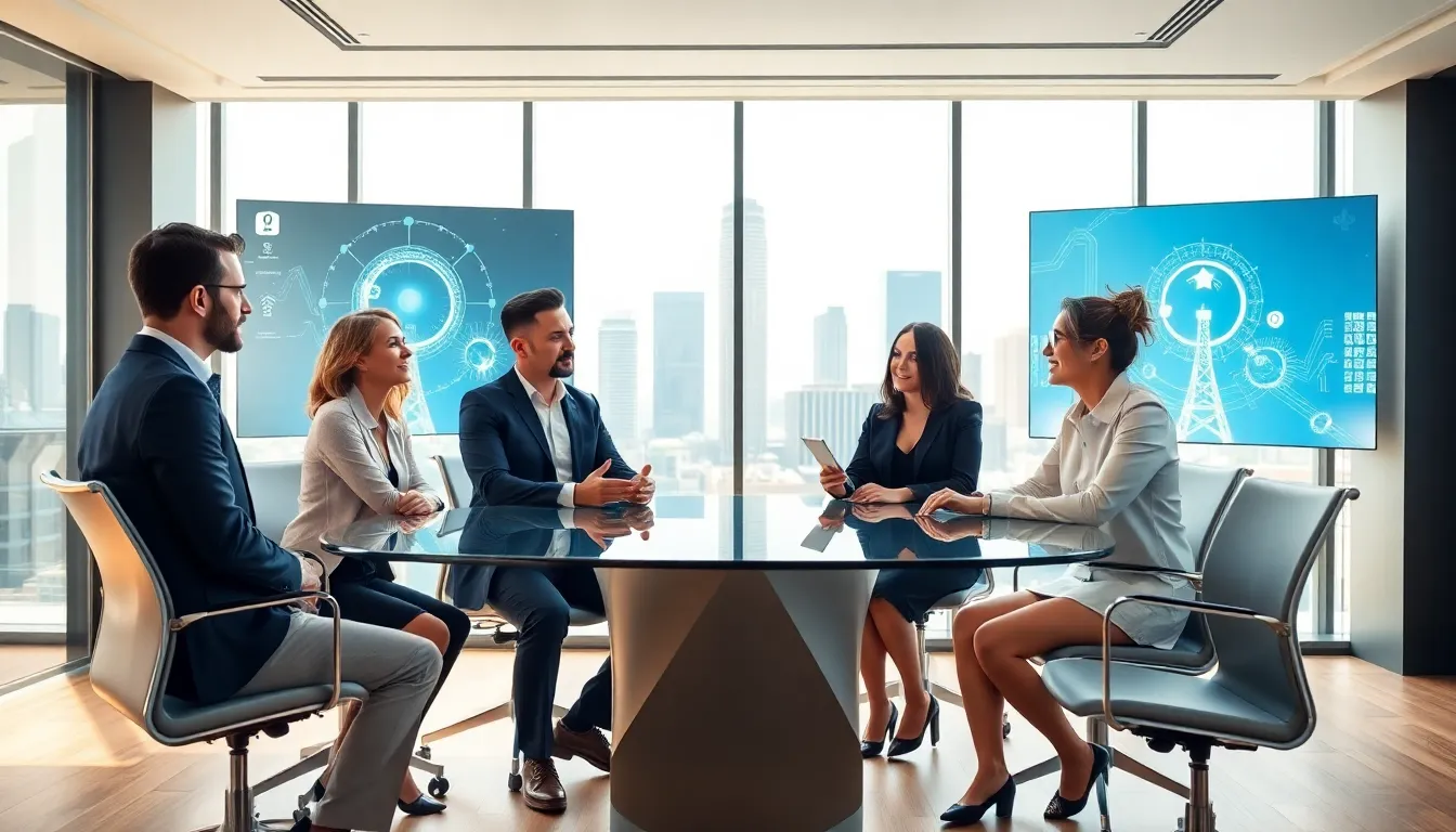 diverse professionals discussing the concept of elliedarge in a modern office.