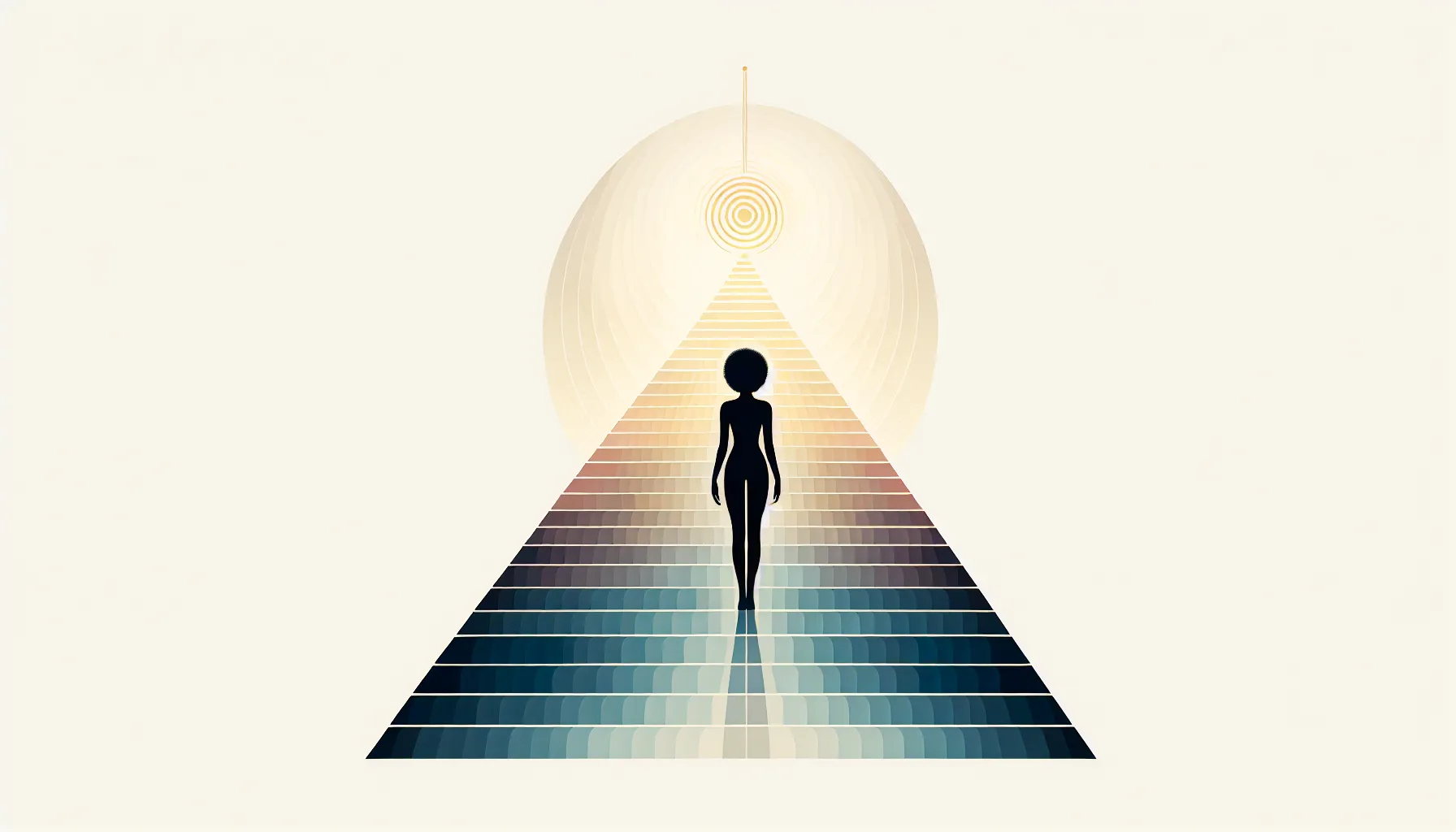 A minimalist figure walking on an upward path toward a glowing light source