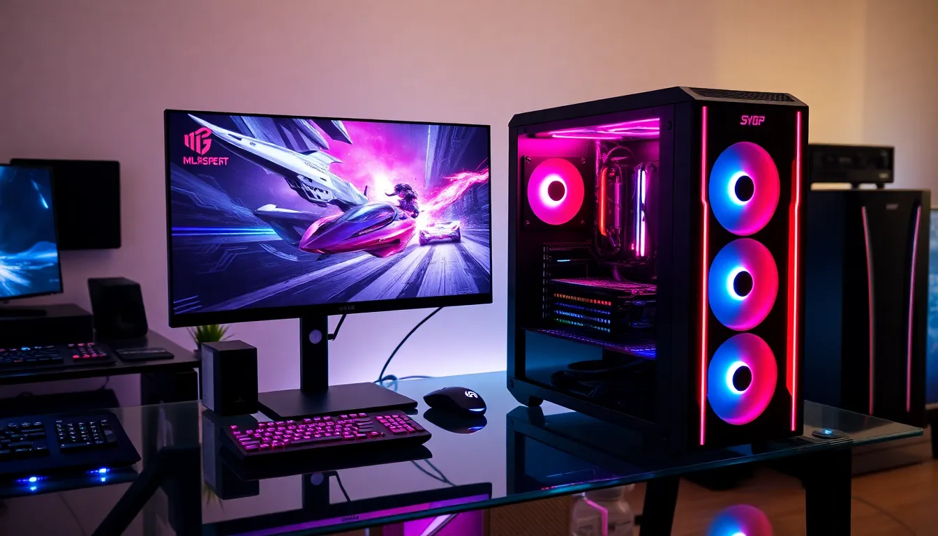 High-performance gaming PC setup with vibrant graphics and modern peripherals.