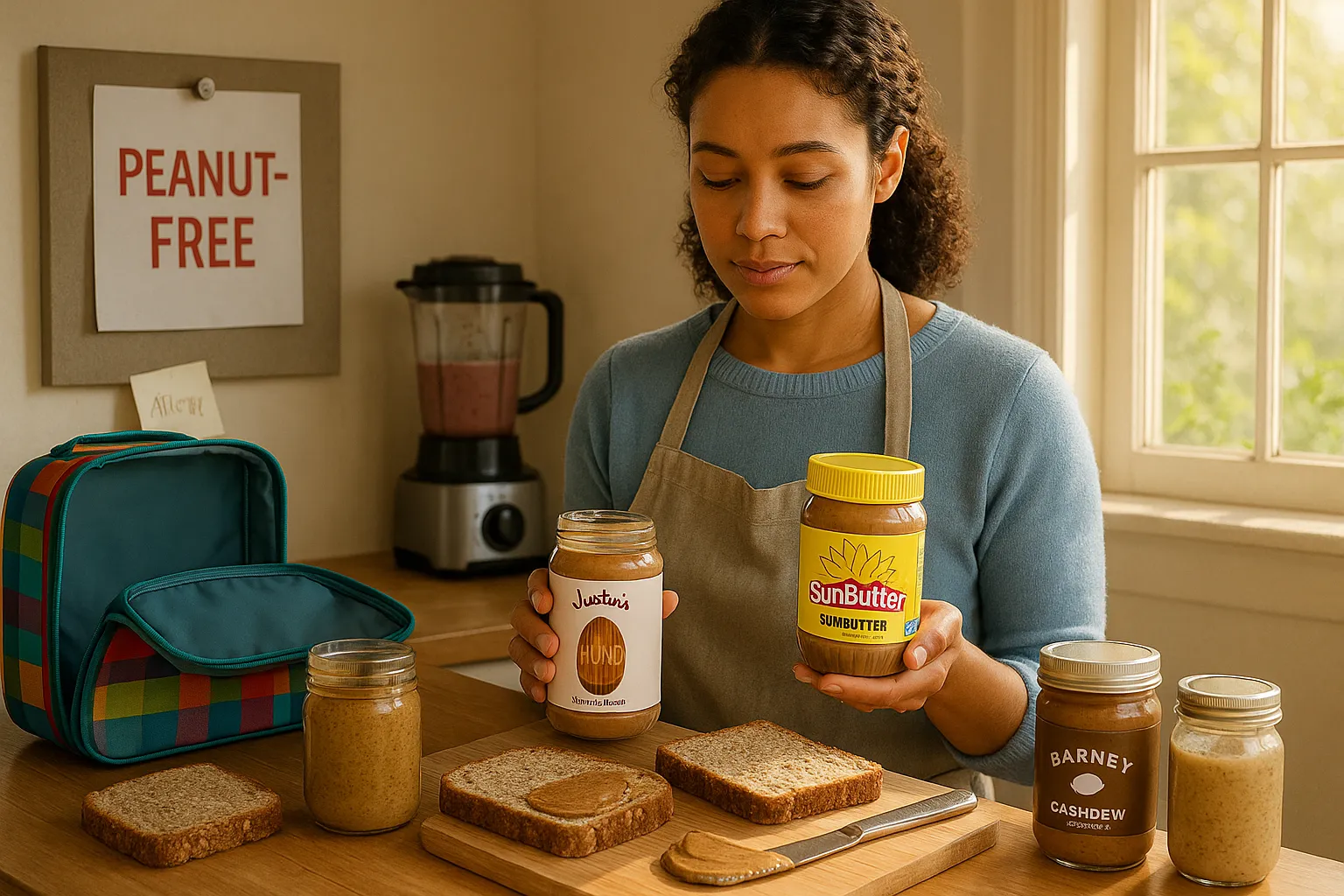 Parent choosing sunflower seed butter and almond butter for a peanut-free lunch.