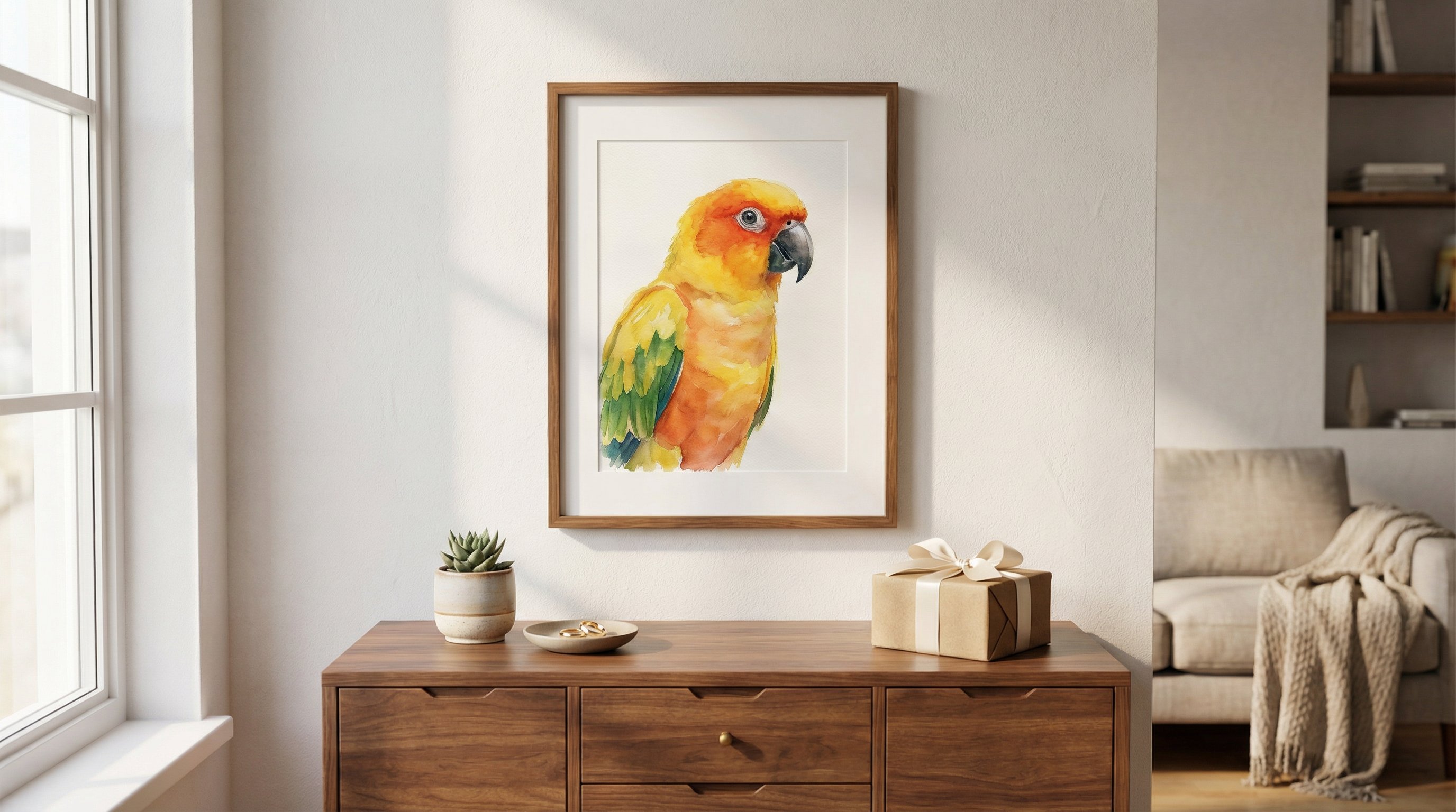 Framed watercolor parrot portrait displayed on a living room wall as a wedding gift.