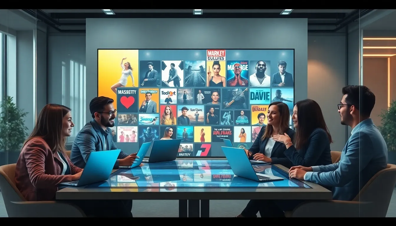 diverse team discussing entertainment content in a modern office.
