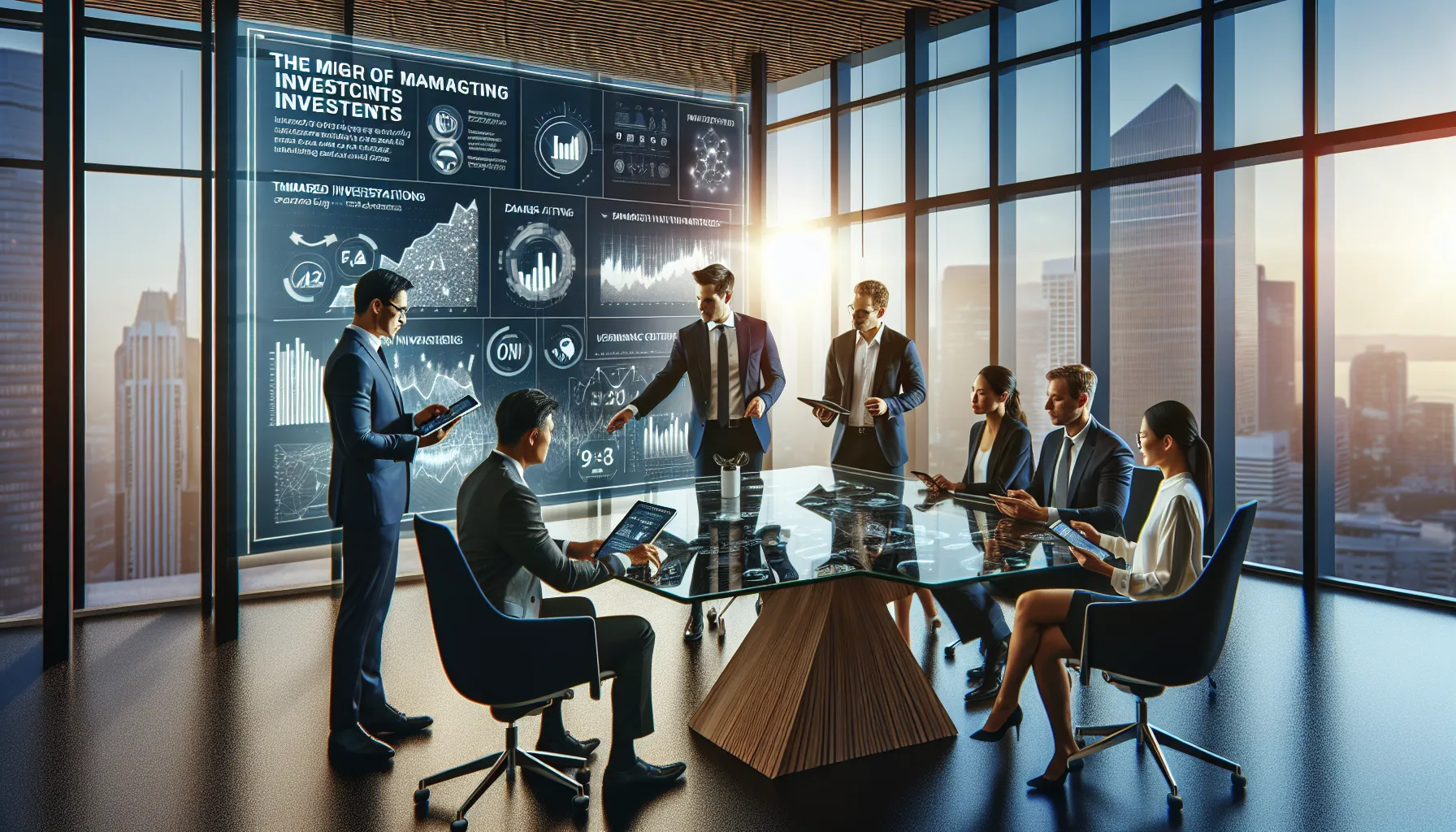 diverse financial advisors collaborating on investment strategies in a modern office.