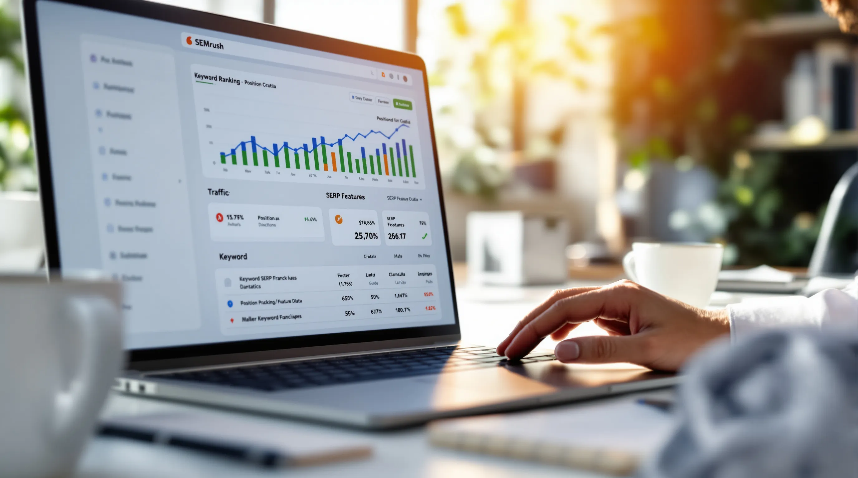 Laptop displaying SEMrush dashboard with keyword analytics in a modern Croatian office.