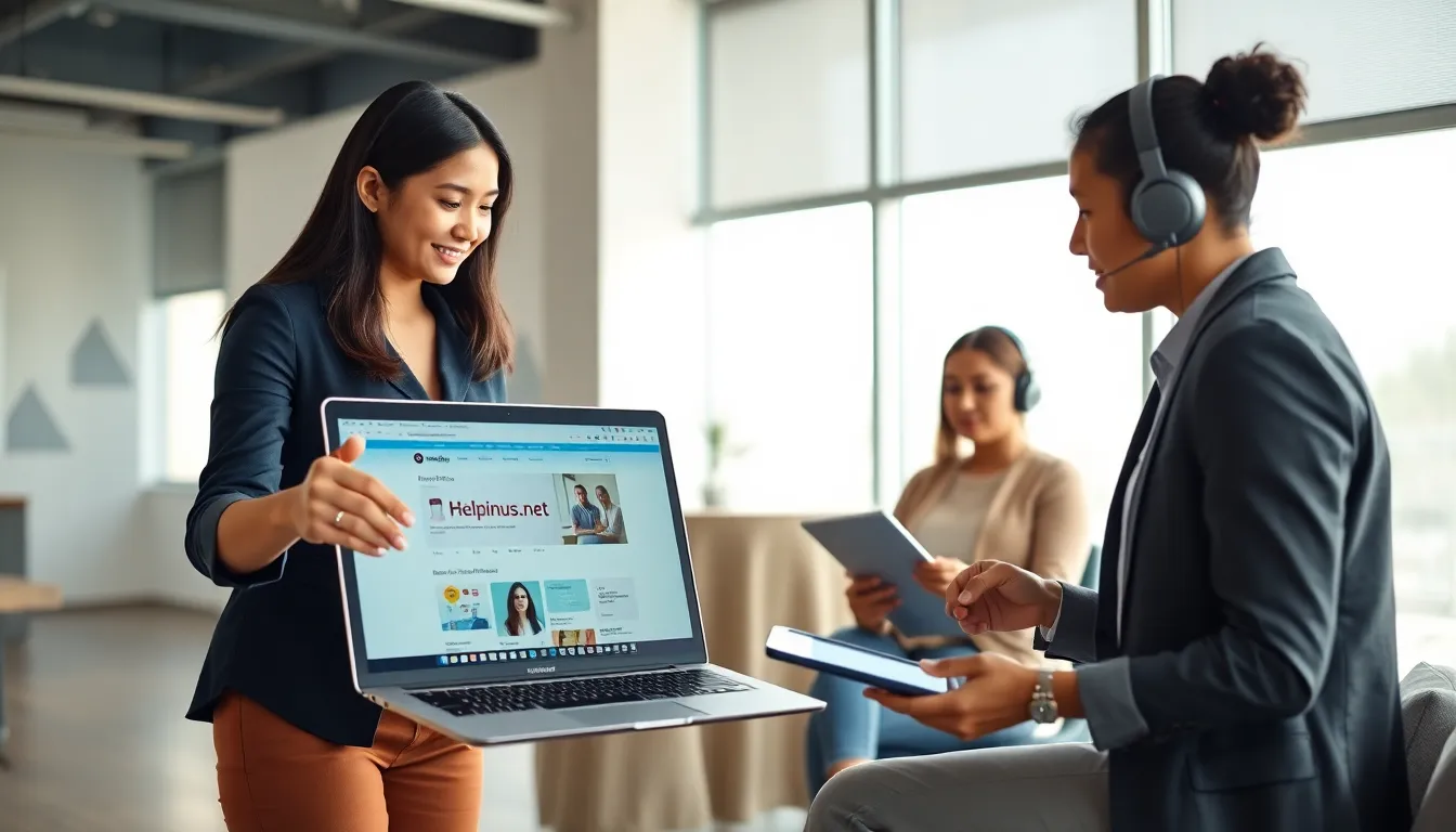 Diverse team collaborating in a modern office around a laptop.