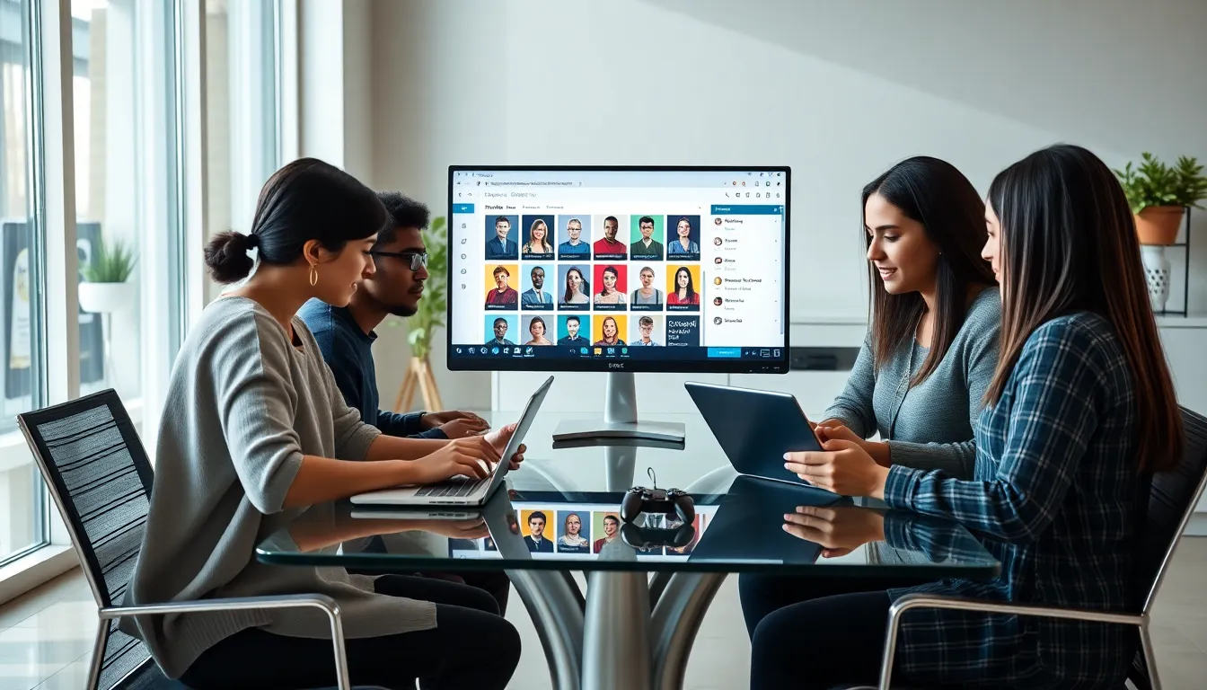 diverse gamers collaborating on character creation in a modern office