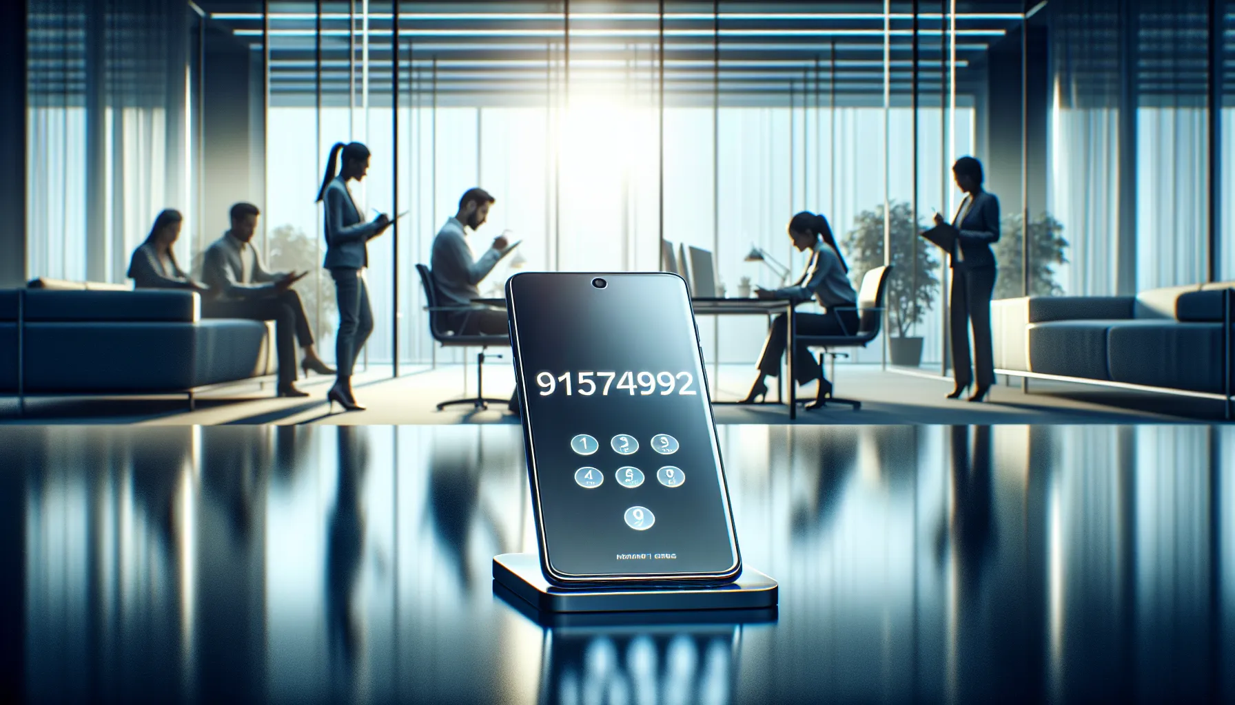 smartphone showing the number 9157749972 in a professional office setting.