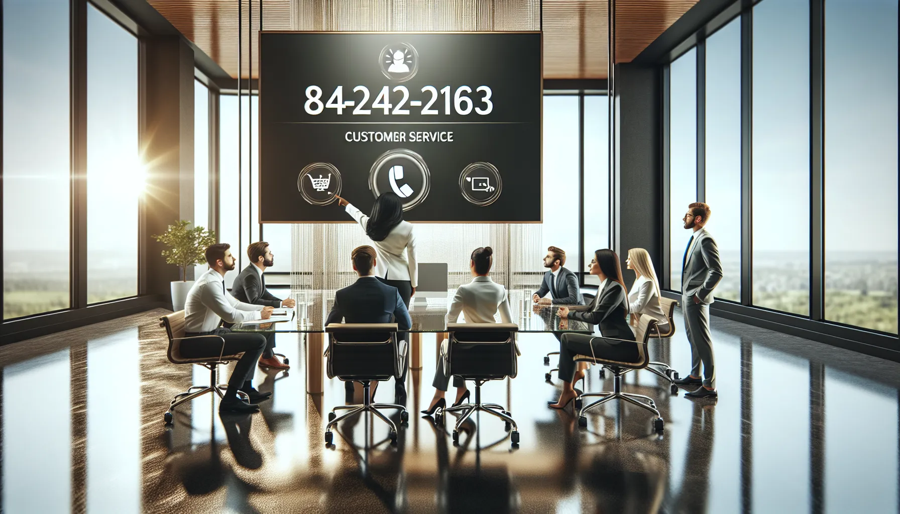 diverse team discussing customer service in a modern office setting.