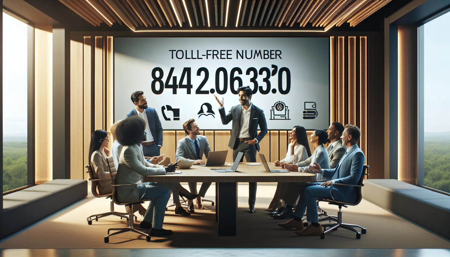 diverse professionals discussing toll-free numbers in a modern office.