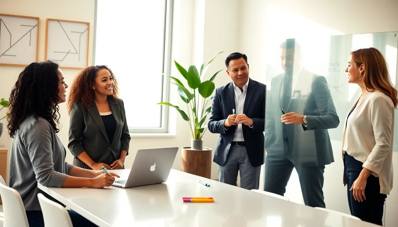 diverse professionals engaging in a growth mindset activity in a modern conference room.