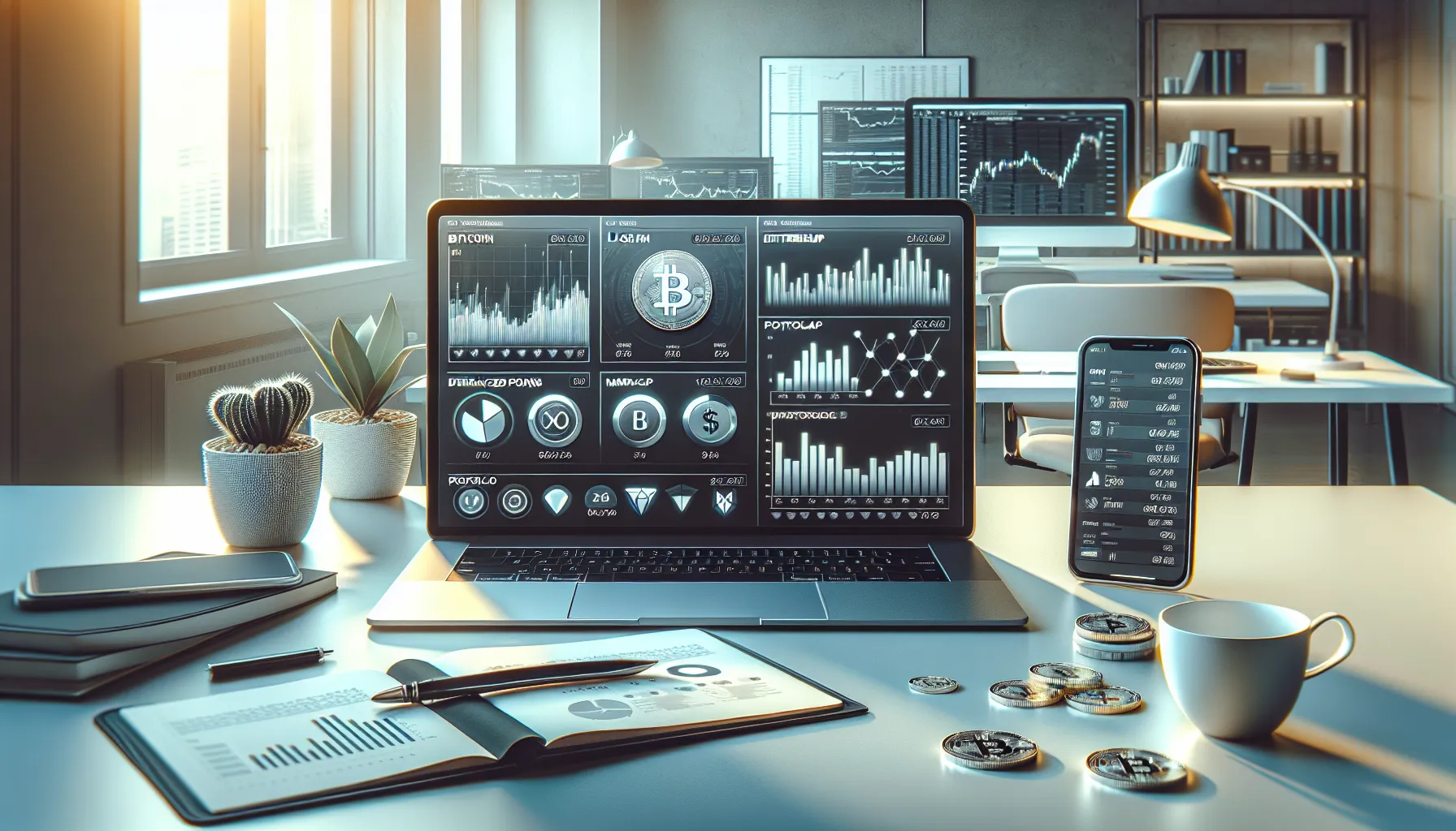 Trading dashboard showing diversified cryptocurrency portfolio with multiple digital assets and allocation charts.