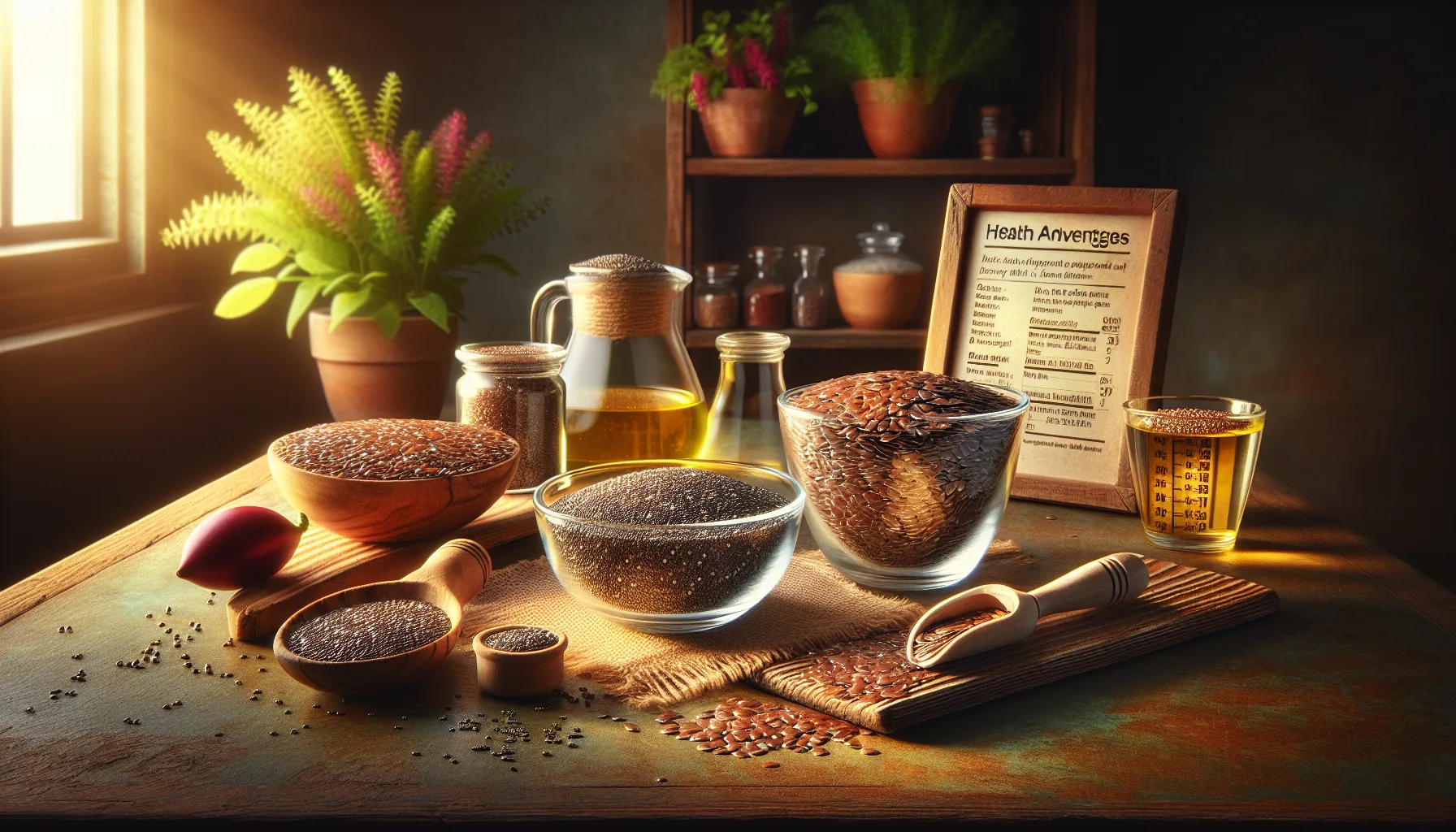 chia and flax seeds in bowls on a wooden table, emphasizing nutrition.