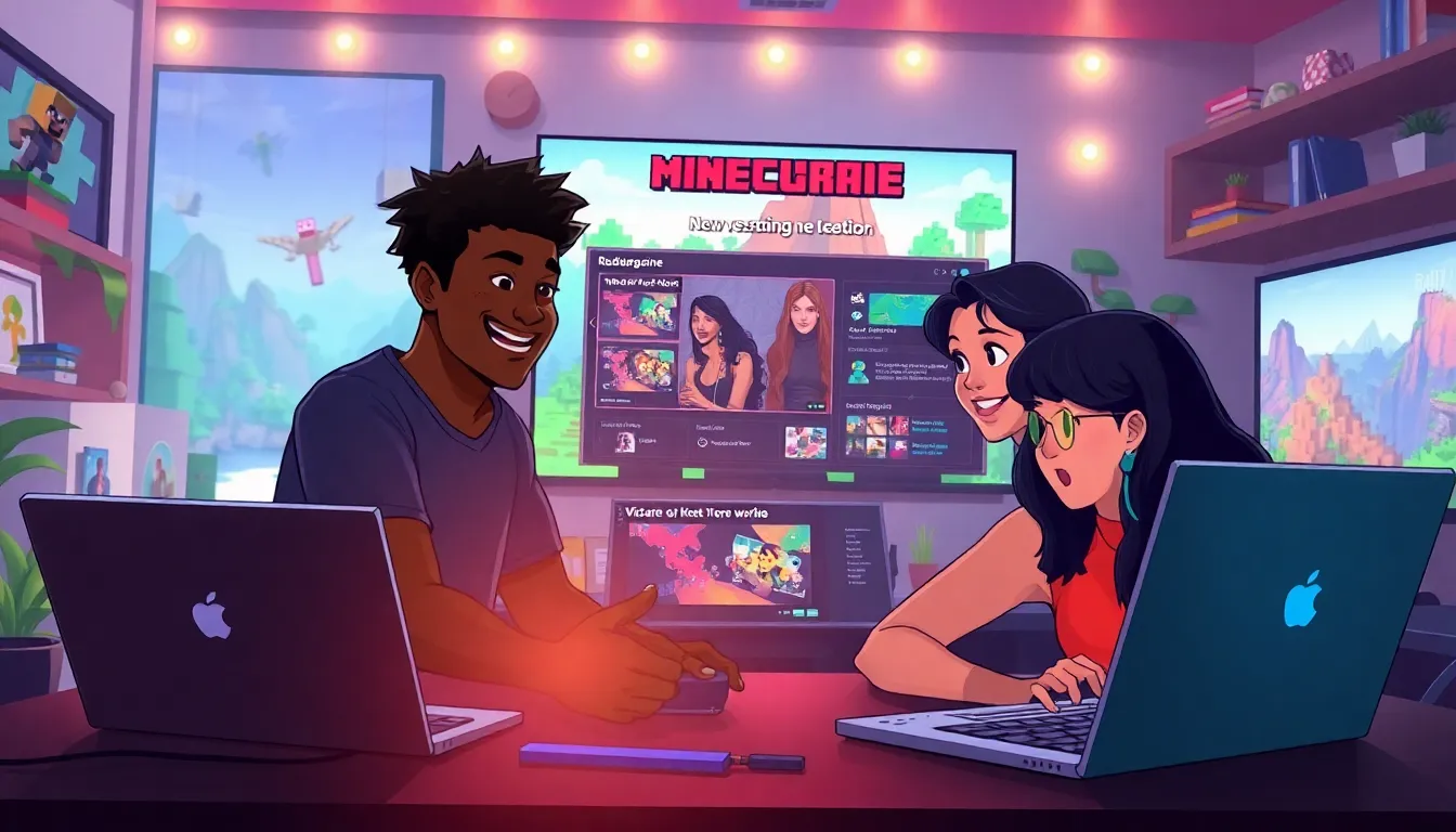 diverse group playing Minecraft Redwebzine in a modern office.