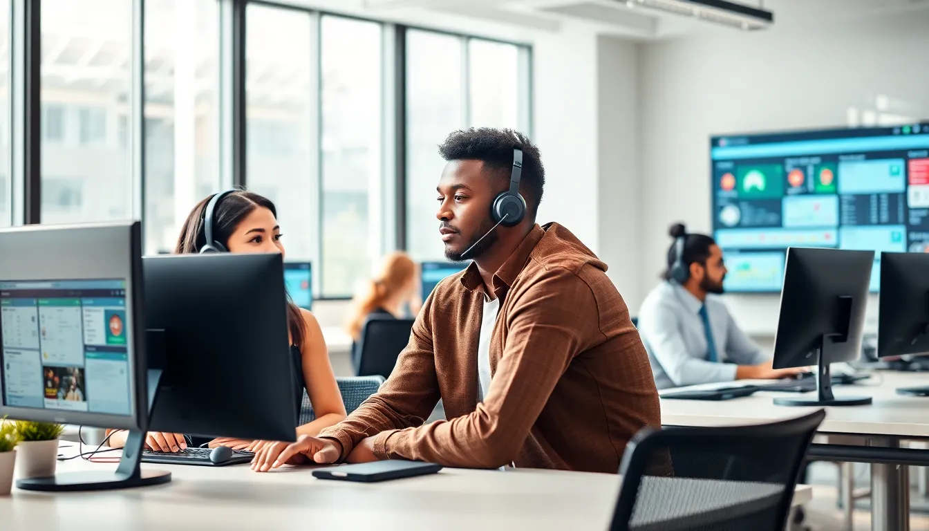 customer support team assisting clients in a modern office.