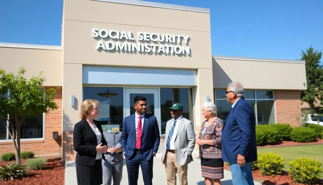 Social Security office in Winder with diverse individuals outside.