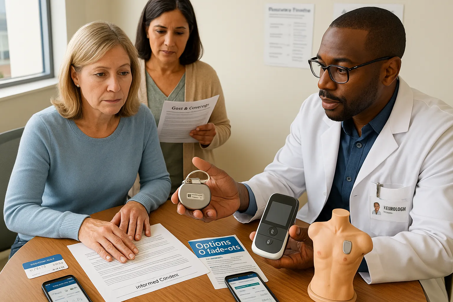 Doctor and patient compare implantable and handheld nerve stimulation devices during consultation.